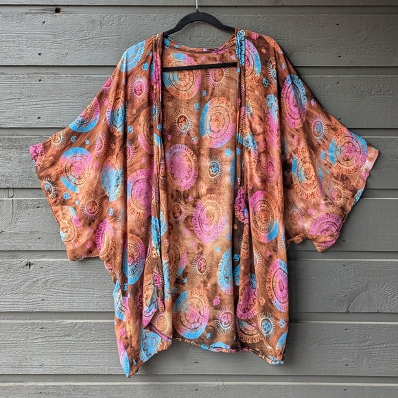 Boho Harem Pants Short Kimono Lightweight Wrap Brown Pink Aqua Blue Om Symbol - Picture 1 of 5